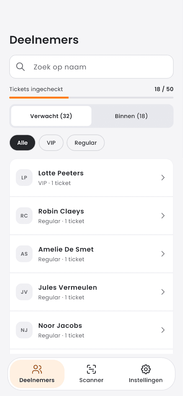 Participant list in the Tickgetr app